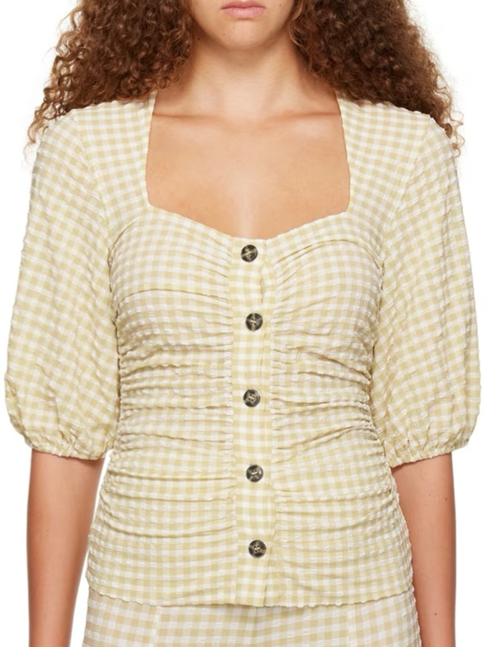 Ganni Yellow Gingham Square-Neck Ruched Button Blouse